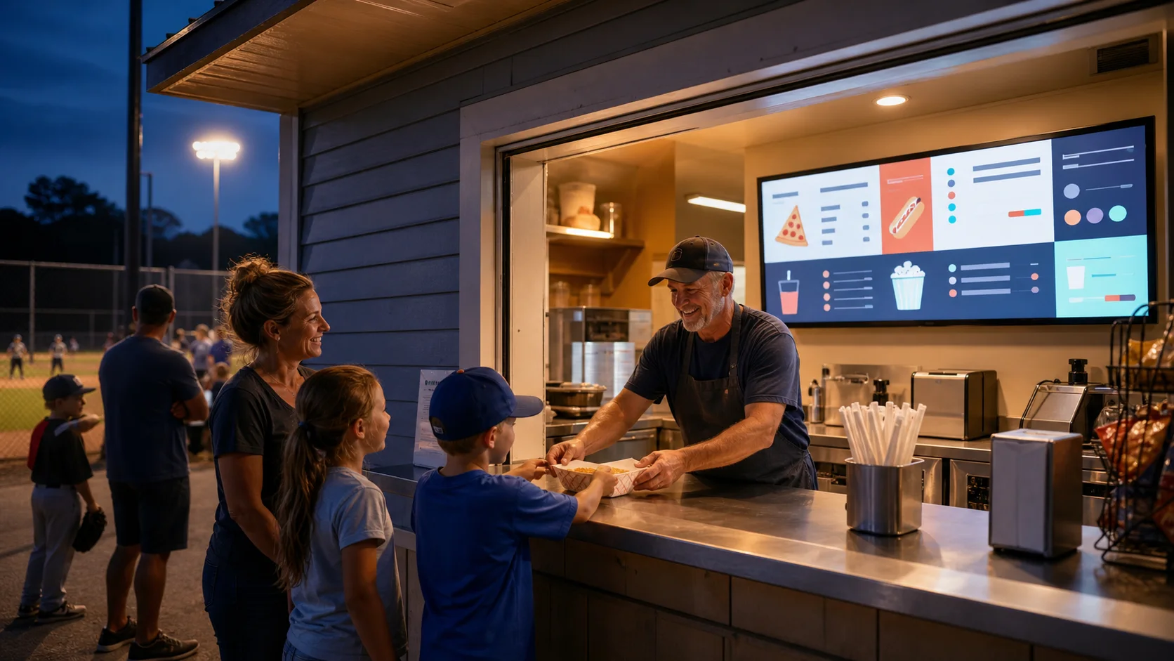 A community ballpark concession stand glowing at dusk