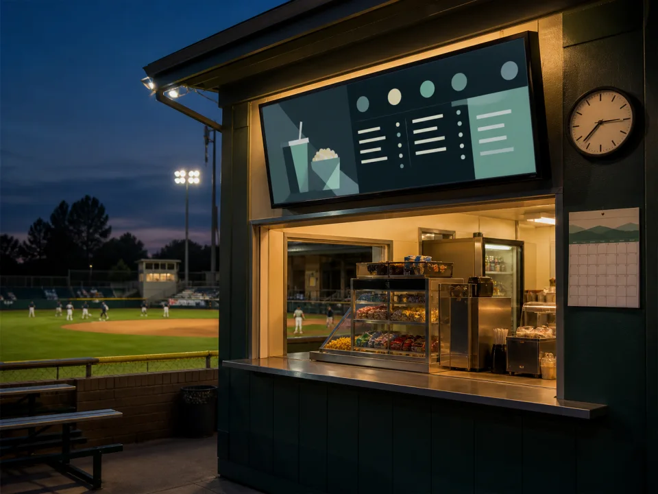 A ballpark concession board switches on before an evening game