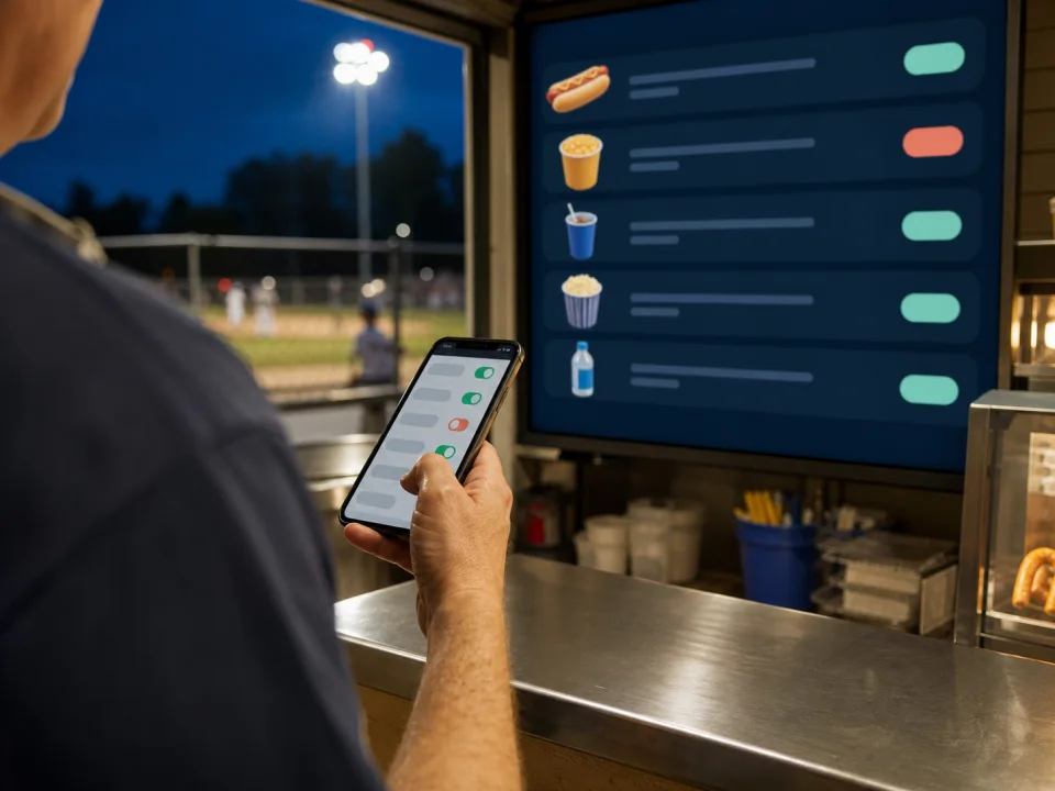A volunteer updates menu availability from a phone beside a digital board