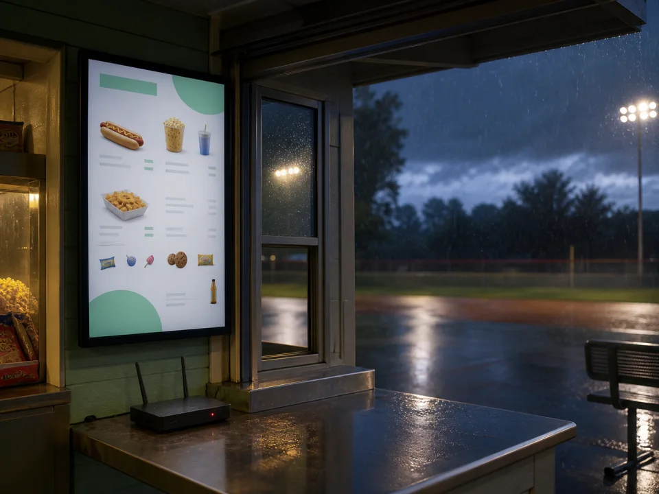 A digital menu board keeps running during rain and a network outage