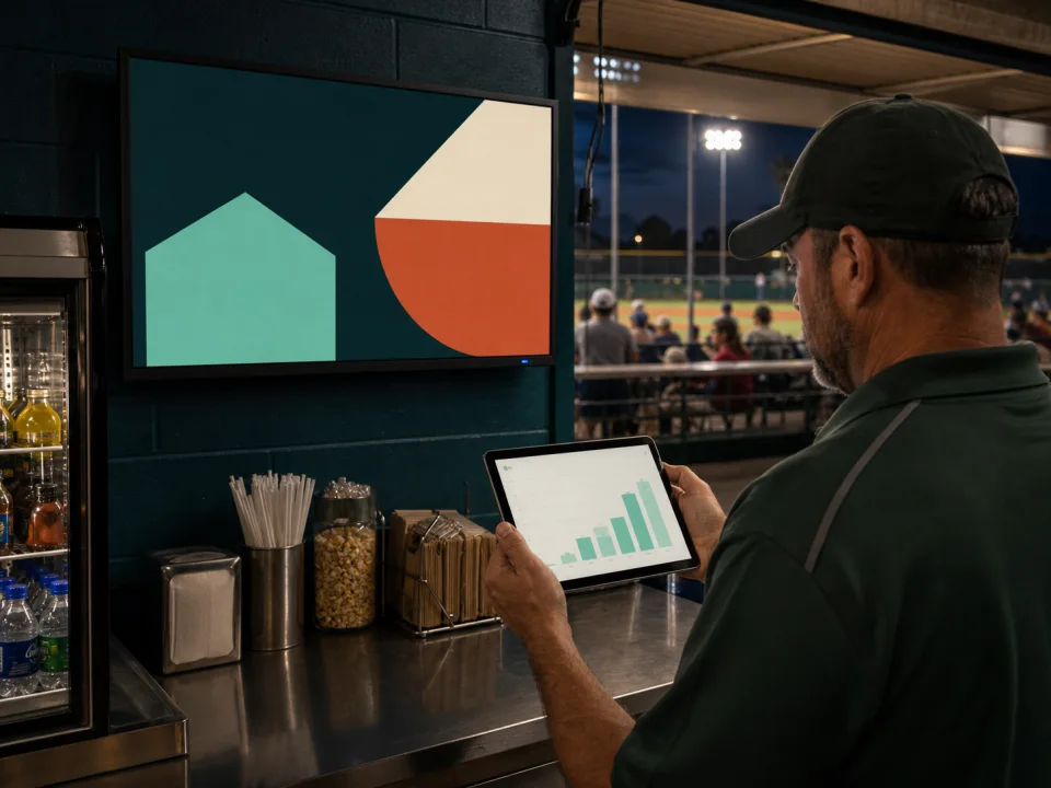A venue manager reviews sponsor performance beside a digital ad